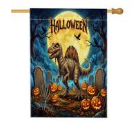 Bandiere per la casa di Halloween Spinosauruss 71 x 102 cm, su entrambi i lati per decorazioni, cimitero di dinosauri, bandiere per la casa, bandiere per la casa in tela di iuta con zucche per esterni