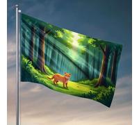 Bandiere per la decorazione della stanza, un allegro gatto arancione esplora un lussureggiante sentiero nella foresta illuminato dal sole. Bandiera ornamenti da cortile decorazione esterna (60 x 90 cm