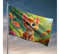 Bandiere per la decorazione della stanza, un simpatico gattino arancione si siede tra i fiori colorati. Bandiera ornamenti da cortile decorazioni per esterni (60 x 90 cm)