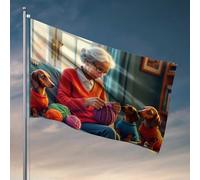 Bandiere per ragazzi e nonne che lavorano a maglia con i suoi cuccioli carini, segni di caduta per bandiere per portico anteriore per uomo caverna (152 x 244 cm)