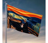 Bandiere per stanza divertente con un uomo in abito suona un pianoforte a coda contro uno sfondo colorato vorticoso. Bandiera cartello di benvenuto per portico anteriore in piedi decorazione retrò