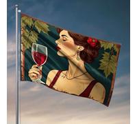 Bandiere per stanza divertente con una donna che gode di un bicchiere di vino rosso. Bandiera cartello di benvenuto per portico anteriore in piedi, decorazione retrò (30 x 45 cm)