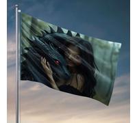 Bandiere per stanza divertenti Una donna con lunghi capelli scuri tiene un drago nero in un ambiente forestale. Bandiera decorazioni per portico bandiera all'aperto per dormitorio divertente (120 x