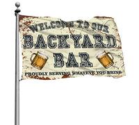 Bandiere per stanza universitaria Benvenuti nel nostro bar nel cortile con orgoglio servire qualsiasi cosa porti bandiere bandiere divertenti regole della grotta dell'uomo (120 x 180 cm)