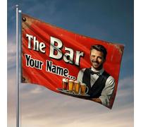 Bandiere per uomo grotta cartello bar personalizzato con barista che tiene vassoio di birre bandiera ragazzi roba bandiere per camera da letto divertente (30 x 45 cm)