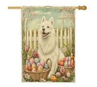 Bandiere primaverili pasquali Samoiedo per la casa del cane, 71 x 101 cm, double face, per esterni, uova di fattoria, croce, cucciolo, bandierine verticali standard per la casa, decorazione vintage
