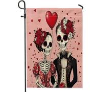 Bandiere romantiche da giardino per San Valentino, 30,5 x 45,7 cm, double face, per esterni, scheletro, teschio, coppie, amore, standard, verticale, in tela, per gli amanti del divertimento, per