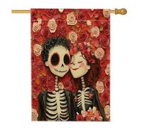 Bandiere romantiche per la casa di San Valentino, 71 x 101 cm, double face, per esterni, con scheletro di rosa, coppia di teschi verticali standard, bandiere per la casa, per amanti dell'amore