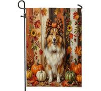 Bandiere rustiche autunnali da giardino con cane da pastore Shetland, 30,5 x 45,7 cm, per esterni, fattoria autunnale, bandiere verticali standard in legno, stampa alla moda, decorazione per esterni