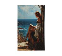 Bandiere rustiche per la casa da cortile con donna che legge in riva al mare, 0,9 x 1,5 m, striscione di auguri con occhielli per interni ed esterni, decorazioni per la casa