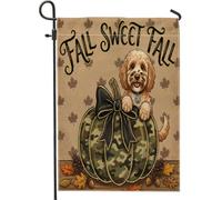 Bandiere verticali da giardino a tema soldato Cockapoo per cani, cortile, cortile, 30,5 x 45,7 cm, double-face, per esterni, con foglie d'acero e zucca autunnale, piccole bandiere per prato
