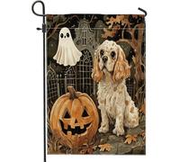 Bandiere verticali da giardino con cocker spaniel di Halloween, 30 x 45 cm, double-face, per esterni, divertente fantasma, cucciolo di animale domestico, bandiera con stampa a forma di zucca
