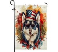 Bandiere verticali da giardino con husky 4 luglio 12 x 18 su entrambi i lati per esterno, bandiera per la casa del cane per il giorno dell'indipendenza, bandiera con fiori per animali domestici