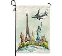 Bandiere verticali da giardino con mappa del mondo, edificio in terra, cortile, cortile, 30,5 x 45,7 cm, double face, per esterni, bandiera per aerei e compagnie aeree, statua della dea