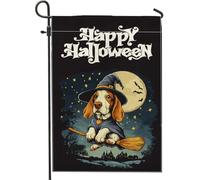 Bandiere verticali da giardino in iuta con cane bassotto e cane da strega di Halloween, 30,5 x 45,7 cm, double-face, per esterni, con immagine di un castello spaventoso, bandiera con stampa per la