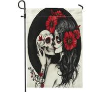 Bandiere verticali da giardino in iuta con scheletro di Halloween, 12 x 18 cm, double face, spaventose per gli amanti del teschio gotico, piccole bandiere per prato, decorazione romantica per la casa