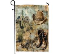 Bandiere verticali da giardino in iuta con stivali da cowboy occidentali, 30 x 45 cm, double face, cappello vintage con cactus, bandiera per la casa del deserto, bandiera con motivo West Home Outdoor