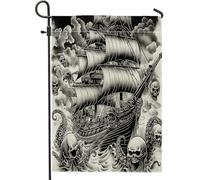 Bandiere verticali da giardino in iuta con teschio gotico e nave pirata, 30 x 45 cm, double face, per esterni, con stampa nautica di Kraken, bandiera vintage per la casa e per esterni