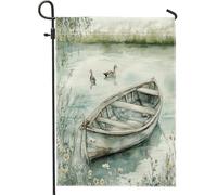 Bandiere verticali da giardino in tela da giardino con barca sul lago e acquerello, 30,5 x 45,7 cm, double face, divertente, fiume, nave con fiori e navi, bandiera con stampa per la casa, motivo