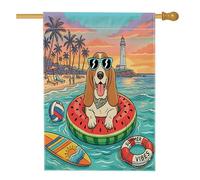 Bandiere verticali estive con basset hound Dog Beach Front Yard Backyard Casa Bandiere verticali 28 x 40 cm su entrambi i lati per esterni, bandiera stampata per cuccioli costieri spiaggia nuotare