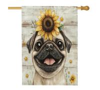 Bandiere verticali in legno rustico con carlino anteriore cortile cortile casa bandiere 28 x 40 su entrambi i lati per esterni, bandiera con stampa di girasole margherita, bandiere per animali