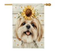Bandiere verticali in legno rustico per cani Shih Tzu anteriore cortile cortile lino casa bandiere 28 x 40 su entrambi i lati per esterni, bandiera con stampa di girasole margherita, bandiere per