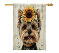 Bandiere verticali in legno rustico per la casa del cortile del cortile del cane Yorkies 28 x 40 cm su entrambi i lati per esterni, bandiera con stampa di girasole margherita, bandiere per animali