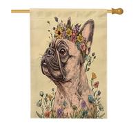 Bandiere verticali in lino per la casa, con bulldog francese, primaverile, 28 x 40 cm, double-face, per esterni, con stampa floreale e alla moda, bandiere per animali domestici e esterni