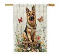 Bandiere verticali in lino per la casa, con pastore tedesco, in lino, 28 x 40 cm, double-face, per esterni, con ceppi di legno floreale, bandiere con motivo per animali domestici e esterni
