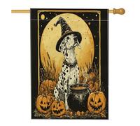 Bandiere verticali in lino vintage per Halloween, con cane dalmata, 28 x 40 cm, double face, per esterni, calderone strega, cucciolo, stampa per casa, bandiera retrò per casa all'aperto