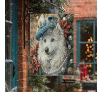 Bandiere verticali per casa vintage con cane samoiedo natalizio da cortile e cortile, 28 x 40 cm, double face per esterni, bandiere retrò per piccoli cuccioli di Natale, bandiere per prato per animali
