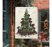 Bandiere verticali per la casa, con albero di Natale, Doberman, 28 x 40 cm, double-face, per esterni, con fiocchi di neve e fiocchi di neve e cuccioli, decorazione divertente per la casa dei bambini