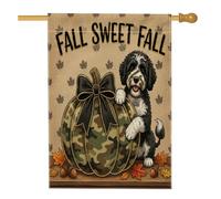 Bandiere verticali per la casa con cane d'acqua portoghese autunnale a tema soldato 28 x 40 cm su entrambi i lati per esterni, bandiera stampata per la casa con foglie d'acero e zucca autunnale
