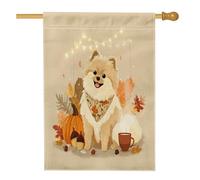Bandiere verticali per la casa del cortile del cortile del cane della Pomerania autunnale 28 x 40 cm su entrambi i lati per esterni, bandiera autunnale con zucca, caffè e ghianda, bandiera con motivo