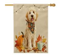 Bandiere verticali per la casa del cortile del cortile del cane Labradoodle autunnale 28 x 40 cm su entrambi i lati per esterno, bandiera autunnale con zucca, caffè, ghianda, casa, motivo esterno