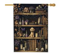 Bandiere verticali per la casa del cortile del cortile del cane Labradoodle di Halloween 28 x 40 cm su entrambi i lati per esterni, spaventoso strega magica libri di magia cucciolo bandiera stampa