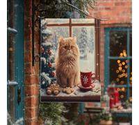 Bandiere verticali per la casa del cortile del cortile del gatto persiano natalizio invernale 28 x 40 cm su entrambi i lati per esterni, bandiere di pan di zenzero animali di Natale piccole bandiere