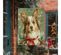 Bandiere verticali per la casa di Natale Shetland Sheepdog Dog Front Yard Linen, 28 x 40 cm, double face, per esterni, divertente Natale Agrifoglio Cucciolo Home Stampa Bandiera, Holiday Pet Home