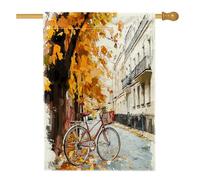 Bandiere verticali per la casa in iuta per cortile anteriore della bicicletta ad acquerello autunnale 28 x 40 cm su entrambi i lati per esterno, autunno città acero mattone paesaggio casa stampata