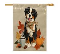 Bandiere verticali per la casa in lino con cane da montagna del Bernese autunnale, 28 x 40 cm, double-face, per esterni, con stampa autunnale, zucca, caffè, ghianda, casa, cucciolo, animale domestico