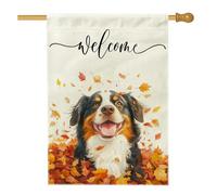 Bandiere verticali per la casa in lino con cane da montagna del Bernese autunnale, 28 x 40 cm, double-face, divertente bandiera autunnale con foglie d'acero per la casa, strana bandiera carina per