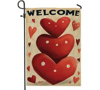 Bandierina da giardino con cuori, San Valentino, fantasioso benvenuto, a pois, in iuta rossa, su entrambi i lati, decorativa, per esterni, patio, prato, portico, balcone, 30,5 x 45,7 cm