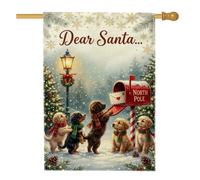Bandierina natalizia con lettere a Babbo Natale, 71 x 101 cm | Cuccioli in sciarpe, bandiera prato, cassetta postale del Polo Nord, lampione, neve invernale, alberi sempreverdi