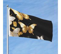 Bandierina nera con farfalle bianche dorate, 0,9 x 0,9 m, doppia faccia, non sbiadisce, bandiera da giardino di benvenuto, bandiera da giardino con ottone per esterni, decorazione per cortile, portico