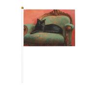 Bandierine a forma di gatto nero che si sdraia sul divano verde, piccole bandiere tenute in mano, mini bandiere su bastone per feste, attività di squadra, sfilate, decorazione per le vacanze