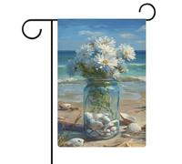 Bandierine bianche con margherite e conchiglie sulla spiaggia, da giardino, per vacanze stagionali, juta, double face, per casa, cortile, esterni, 30,5 x 45,7 cm