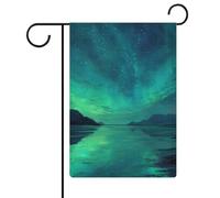 Bandierine da giardino con cielo e stelle verdi con luci boreali e mare e giardino, in iuta su entrambi i lati, 30,5 x 45,7 cm