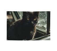 Bandierine personalizzate per feste di compleanno con occhielli in ottone Gatto nero con vetro rotto Bandiera da giardino Decorazioni per cortile Banner Decorazioni per feste di compleanno sfondo per