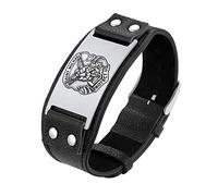 Bandmax Bracciale Uomo Pelle Personalizzato, Vintage Bracciale Uomo Acciaio di Martello del Tuono/Pompiere/San Michele/Photo/Lupo/Bussola/San Cristoforo, Nero Braccialetto Uomo Ragazzo