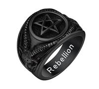 Bandmax Satana Anelli Uomo, 01 Stile Anello Uomo Acciaio Inossidabile, 07 US Misura Anello Teschio Punk, Pentagramma Rovesciato Anello Uomo Nero con Scheletro della Testa di PecoraAnello Incisione